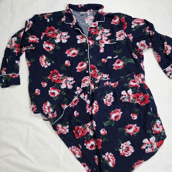 Liz CLaiborne Flannel Pajamas 3X Navy/floral Pants Button Up Shirt long Sleeve - Picture 1 of 8